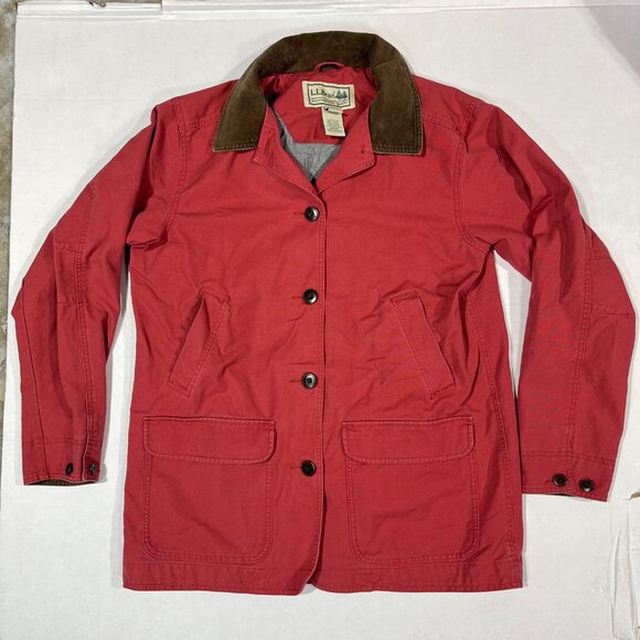 VTG LL Bean Jacket Womens Large Reg. Red Canvas Chore Barn Coat Corduroy Trim - Picture 1 of 12